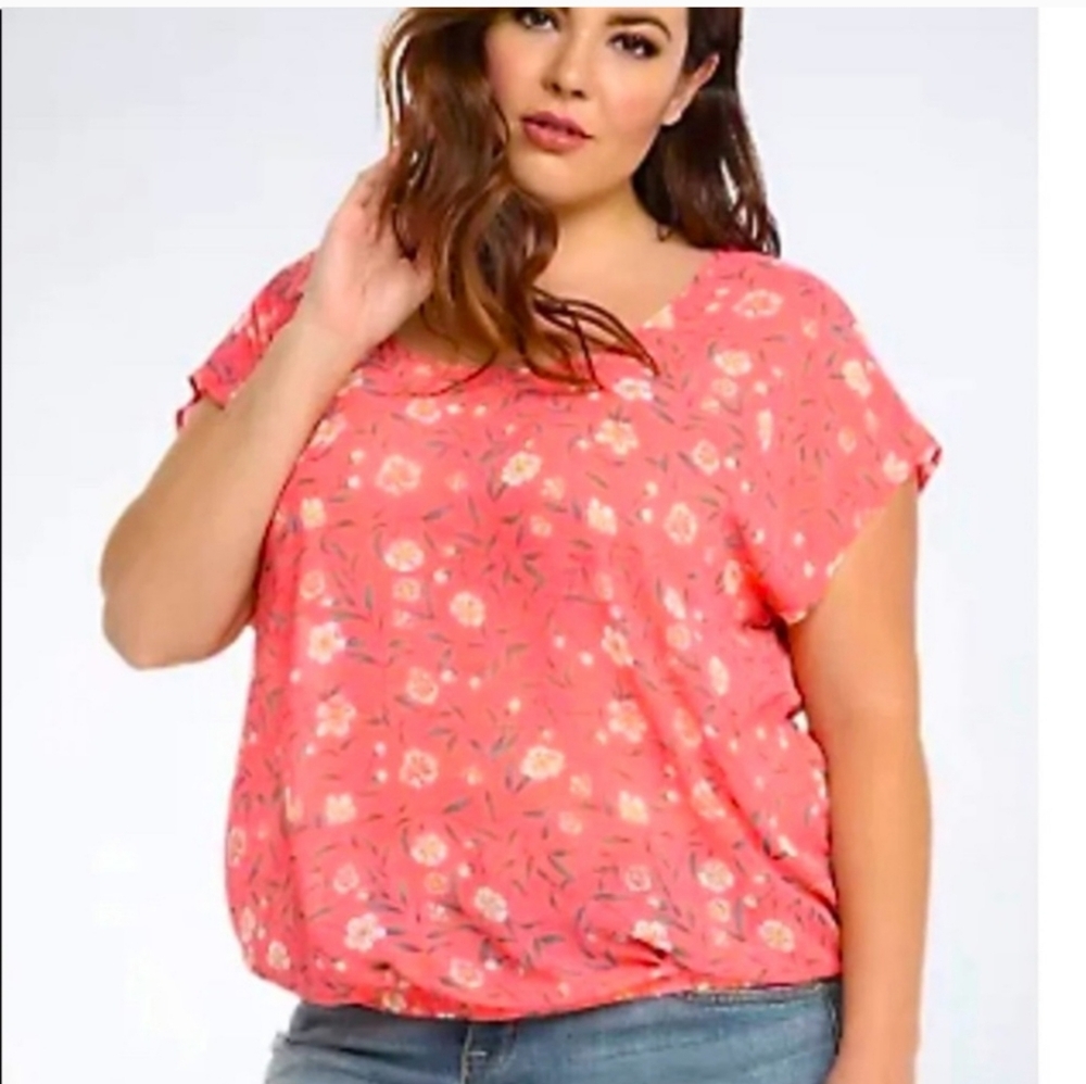 Torrid 4X Floral Bow Back Crepe Boho Short Sleeve Top Cottagecore Peasant Blouse